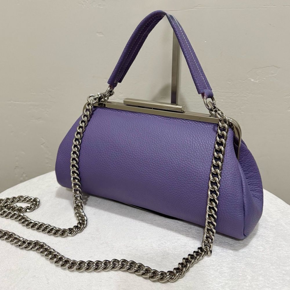 Purple Pebble Calfskin Leather Handmade Push Lock Baguette Bag, Multi Use Style